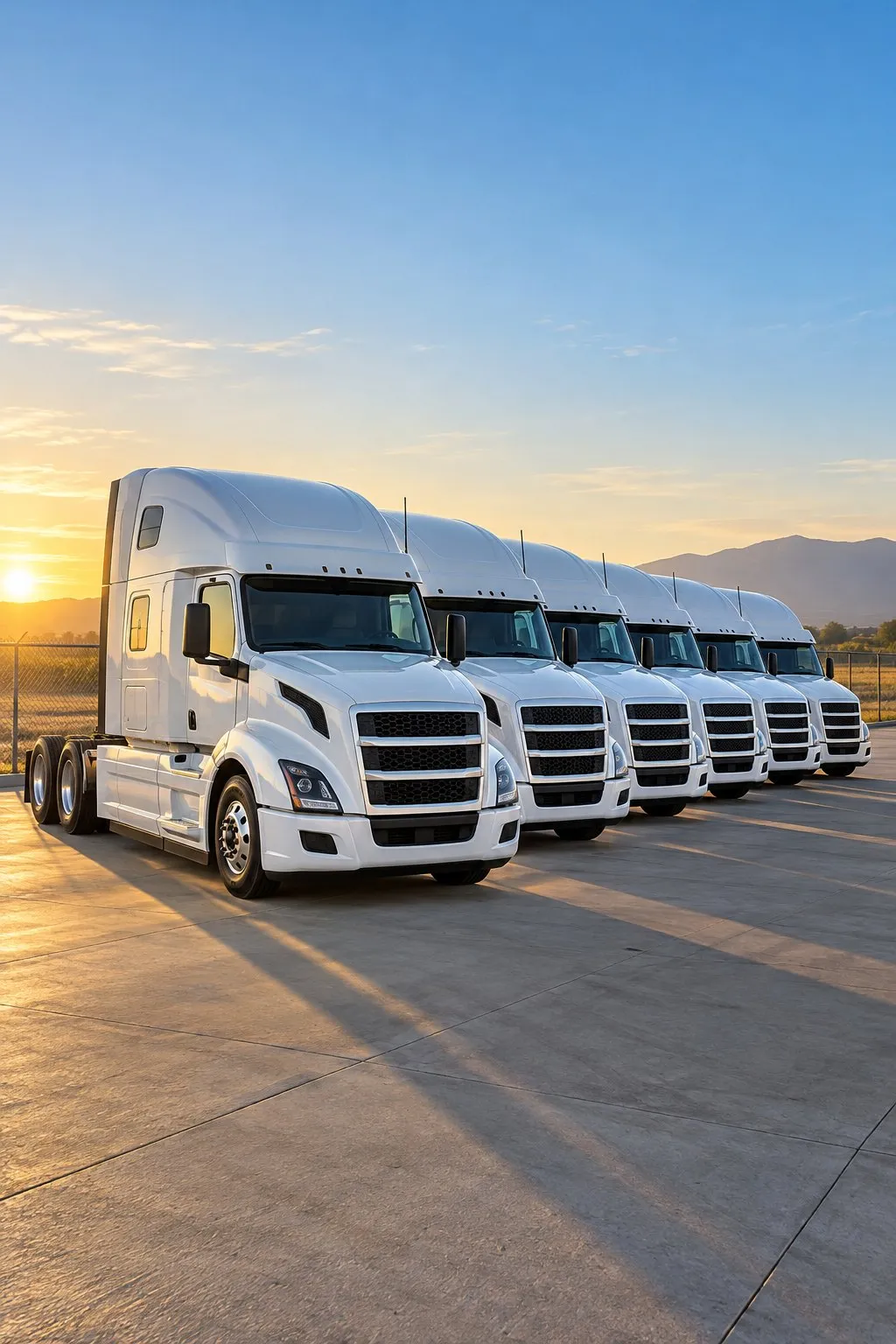 A row of white trucks parked in a fleet yard at golden hour
