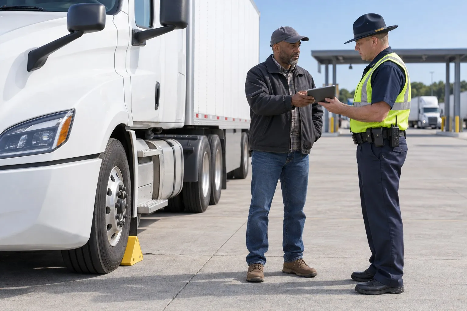 A uniformed officer checks a driver’s logs beside a parked truck at a weigh station